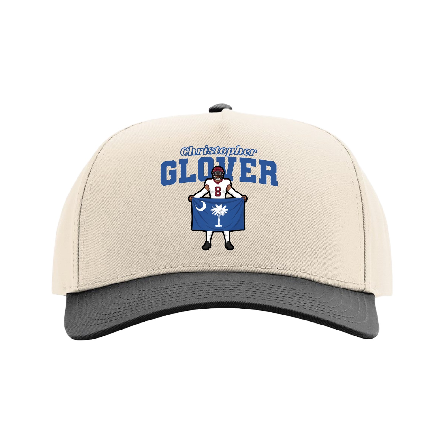 Full Fabric Five-Panel Champ Cap — Name Arch in Cream/Black