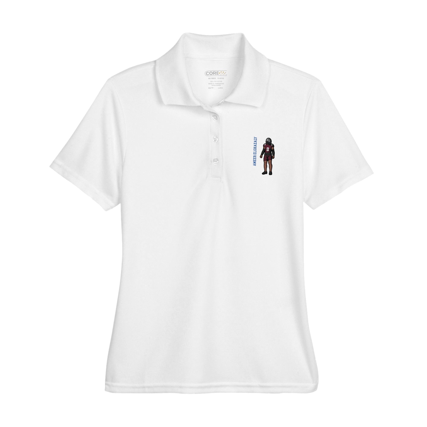 Womens Performance Polo — Name Vertical in White