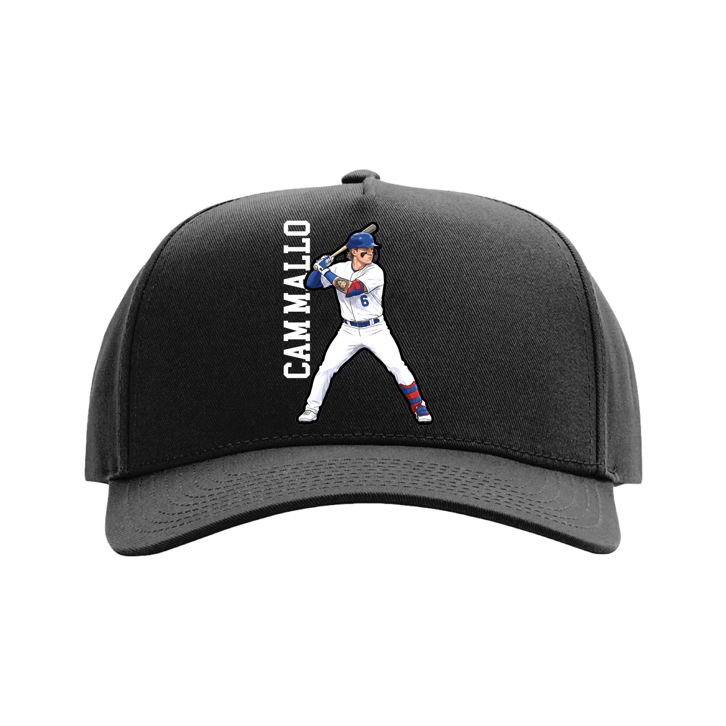 Full Fabric Five-Panel Champ Cap — Name Vertical in Black