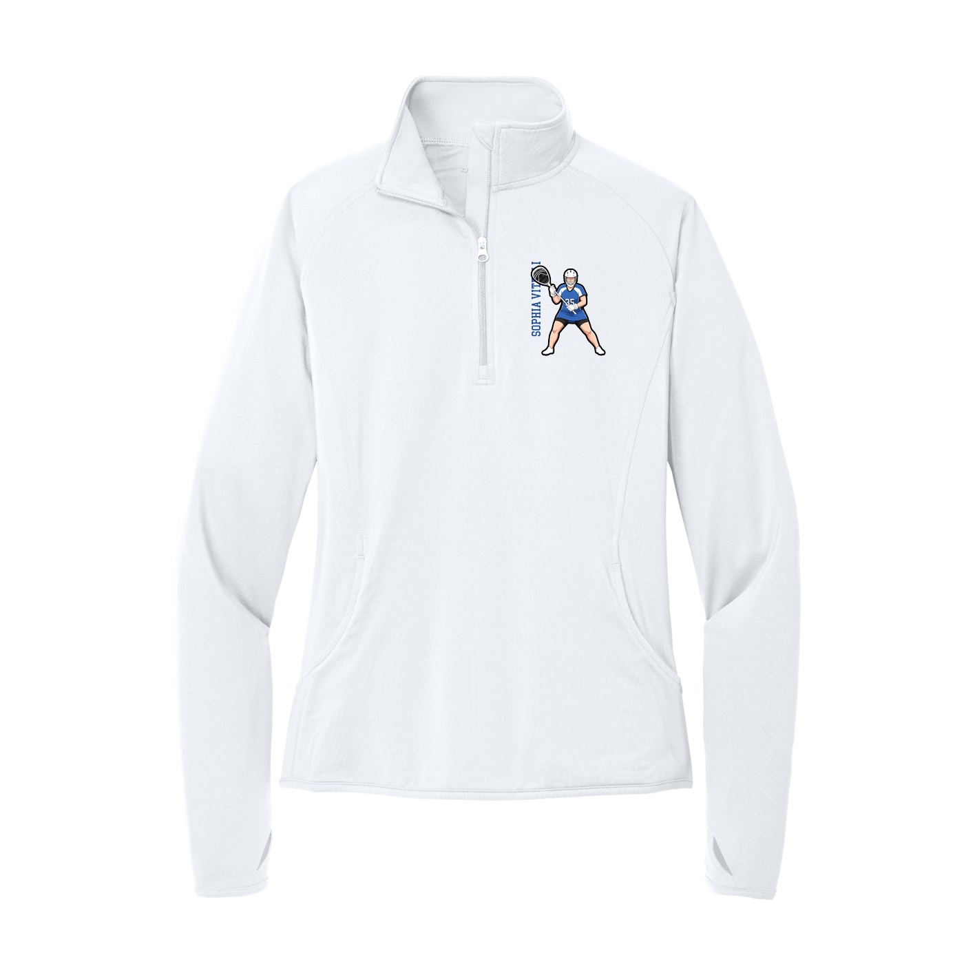 Women's Q-Zip Pullover — Name Vertical in White