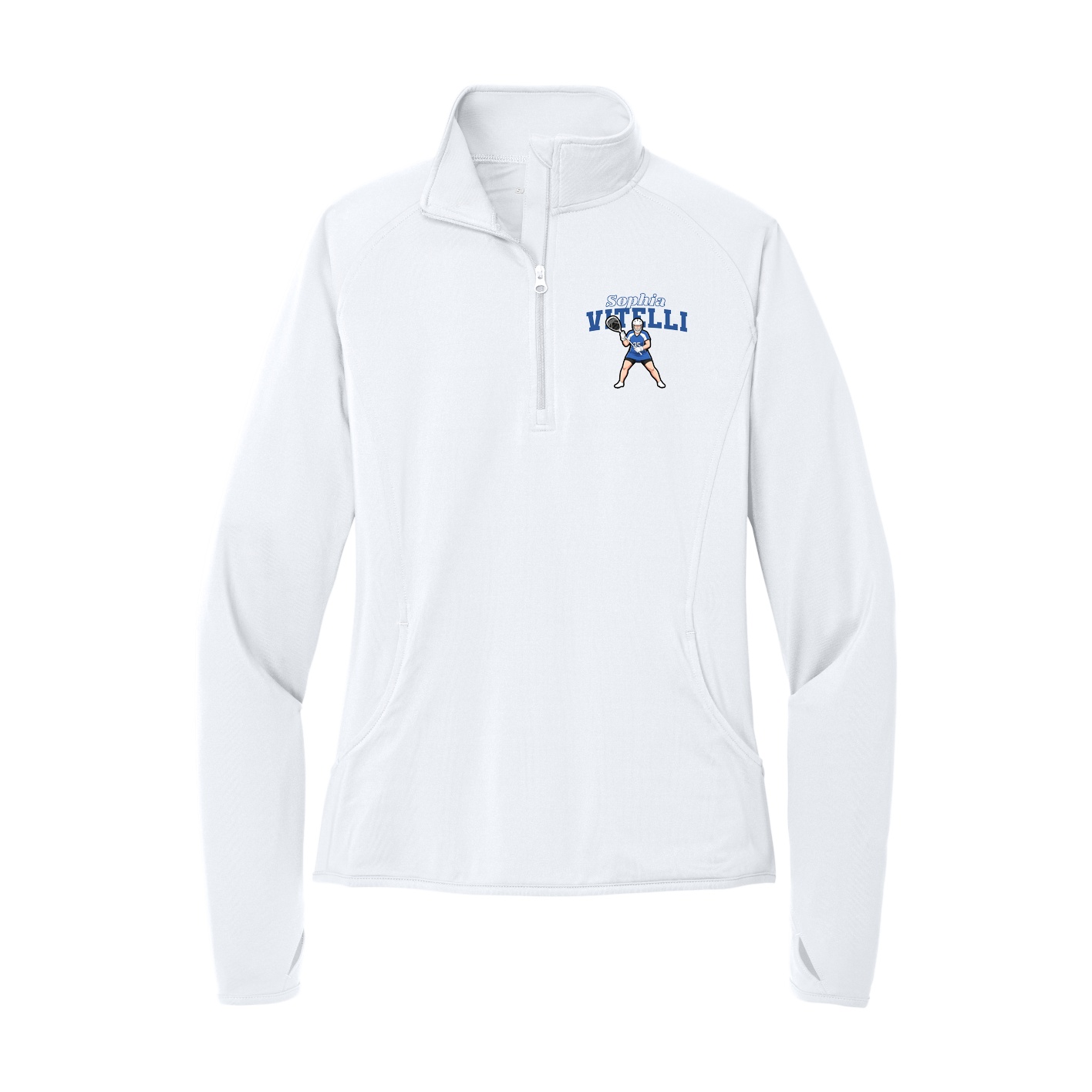 Women's Q-Zip Pullover — Name Arch in White