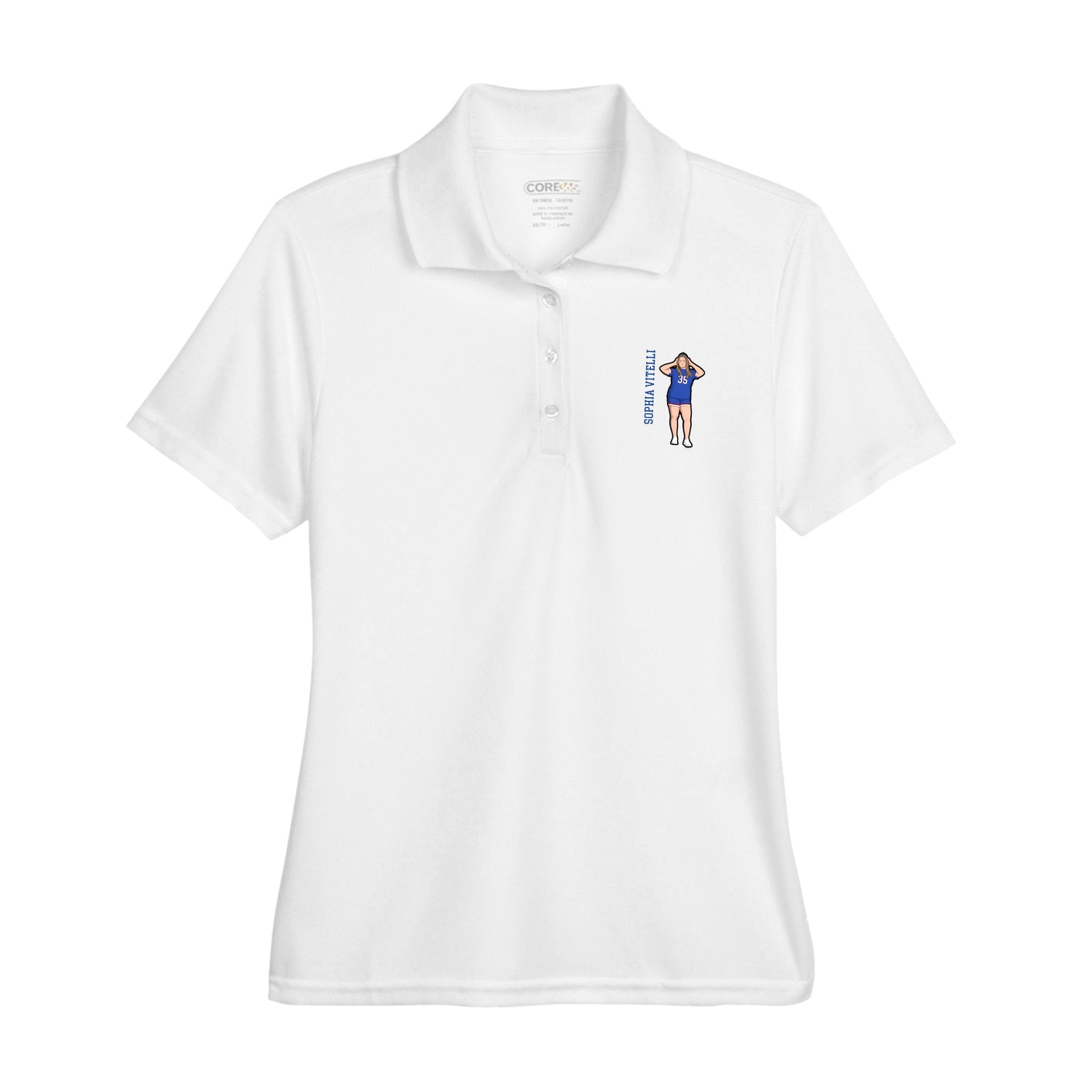 Womens Performance Polo — Name Vertical in White
