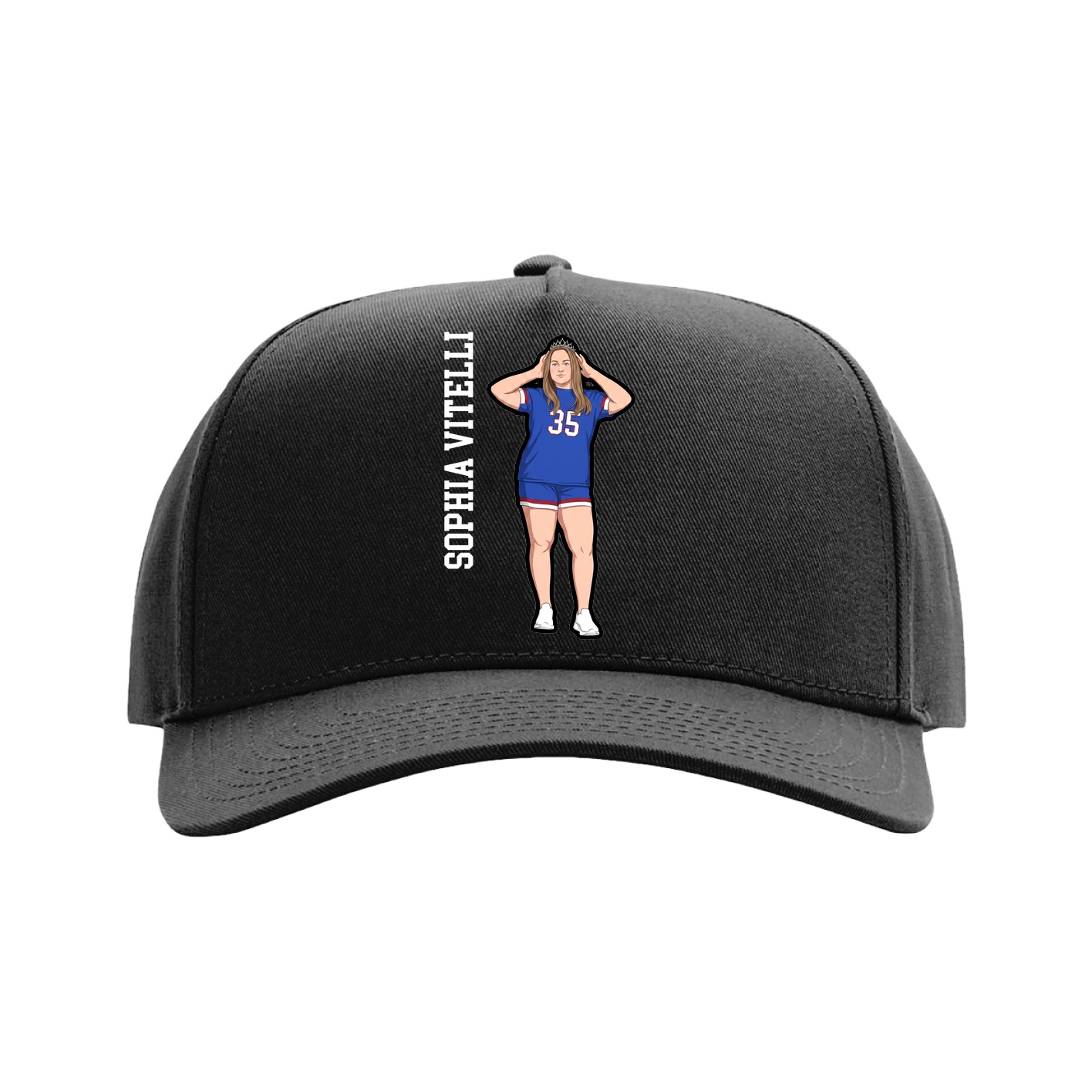 Full Fabric Five-Panel Champ Cap — Name Vertical in Black