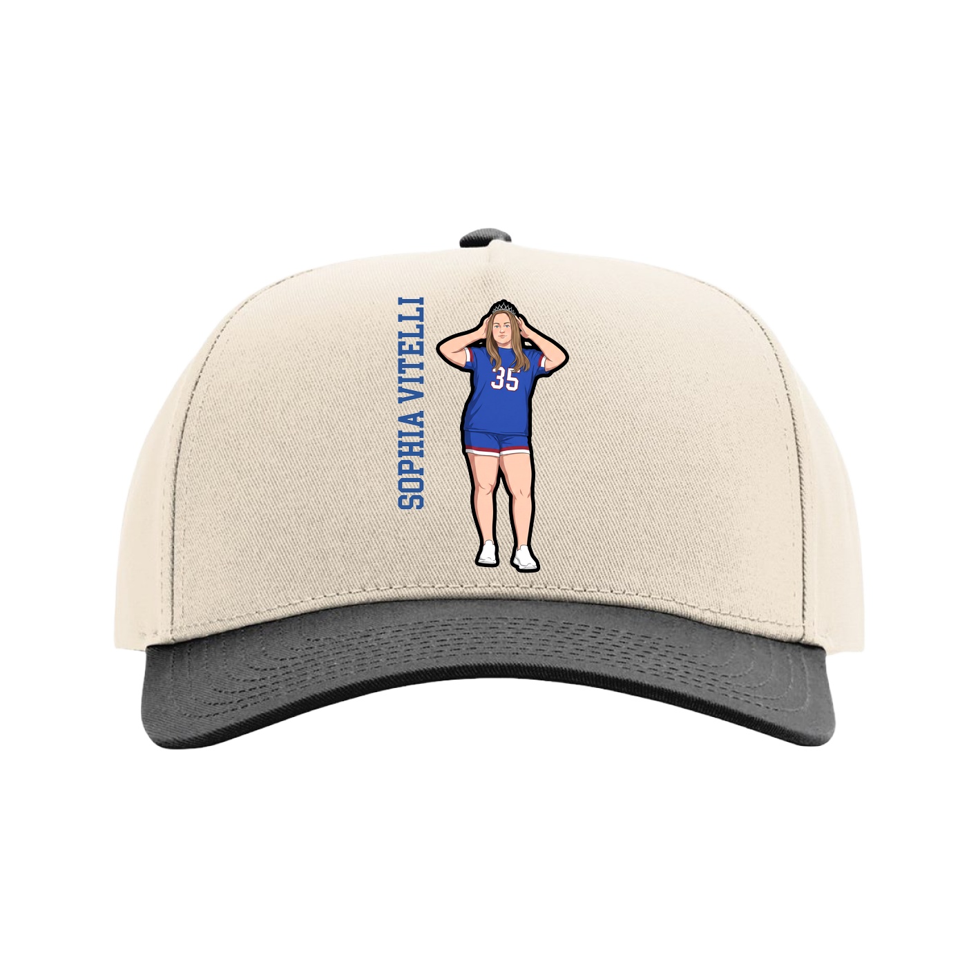 Full Fabric Five-Panel Champ Cap — Name Vertical in Cream/Black