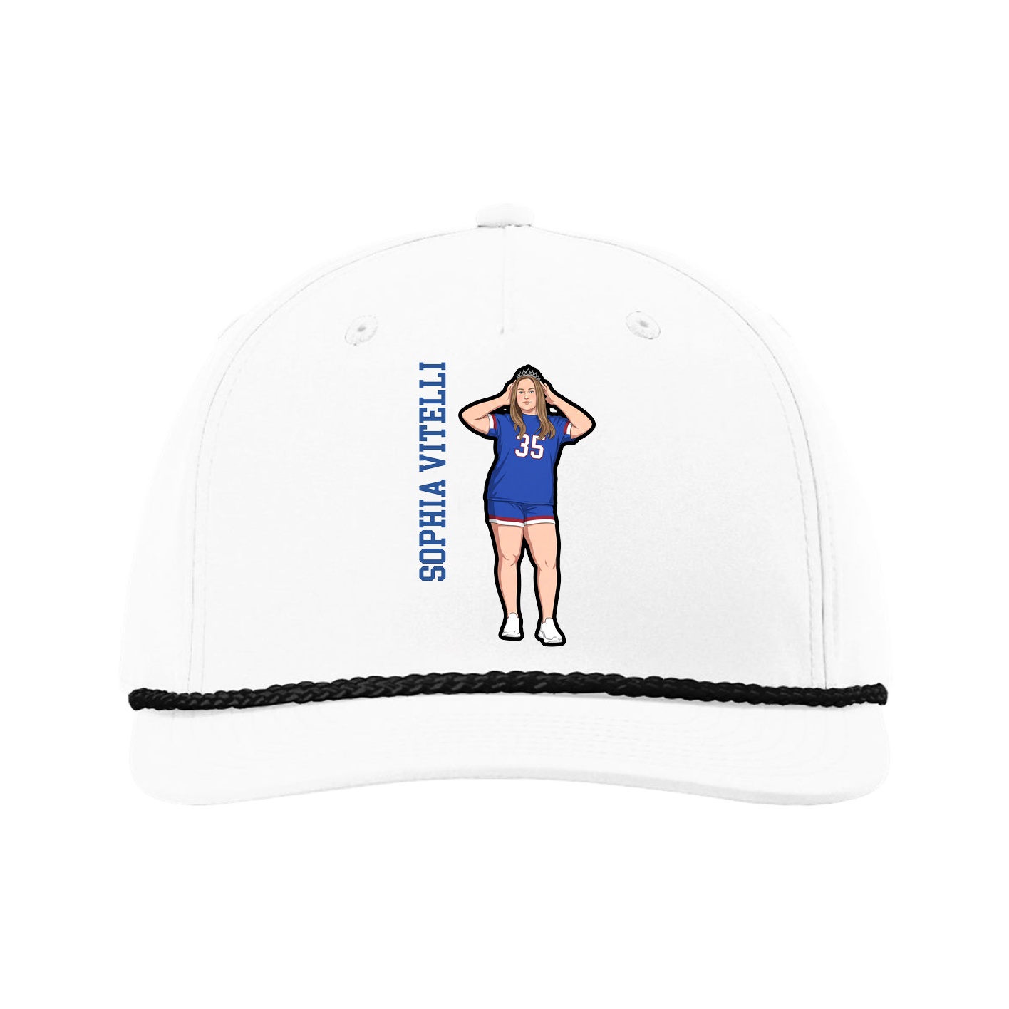 Five-Panel Classic Rope Cap — Name Vertical in White
