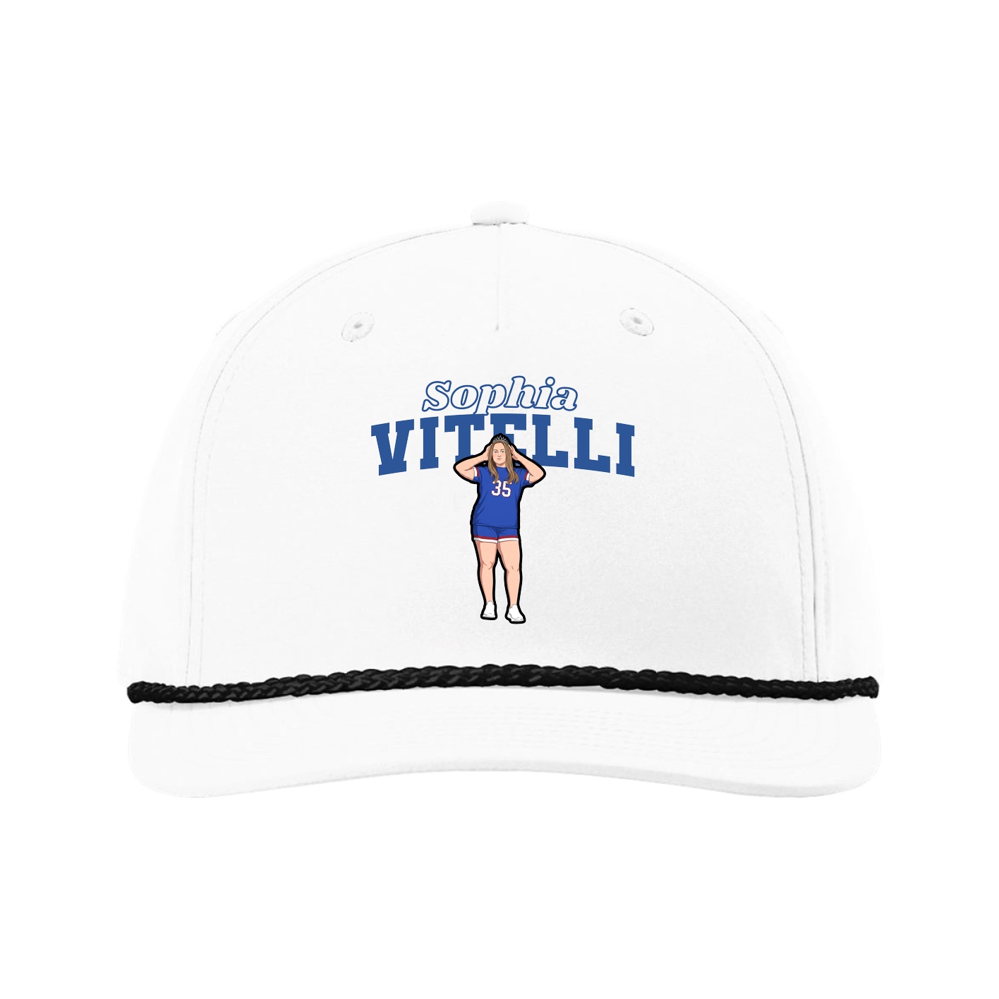 Five-Panel Classic Rope Cap — Name Arch in White