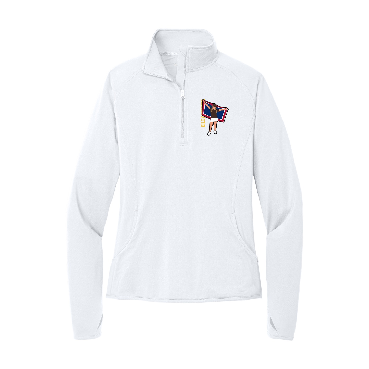Women's Q-Zip Pullover — Name Vertical in White