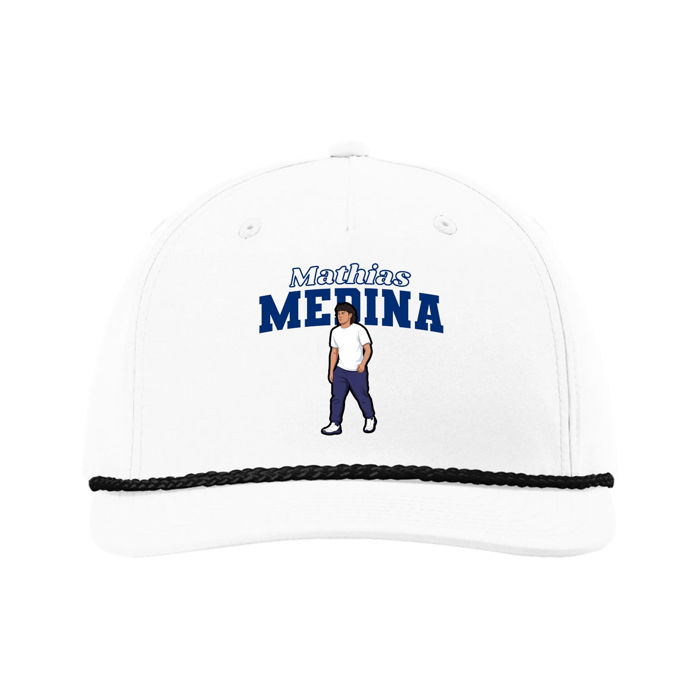Five-Panel Classic Rope Cap — Name Arch in White