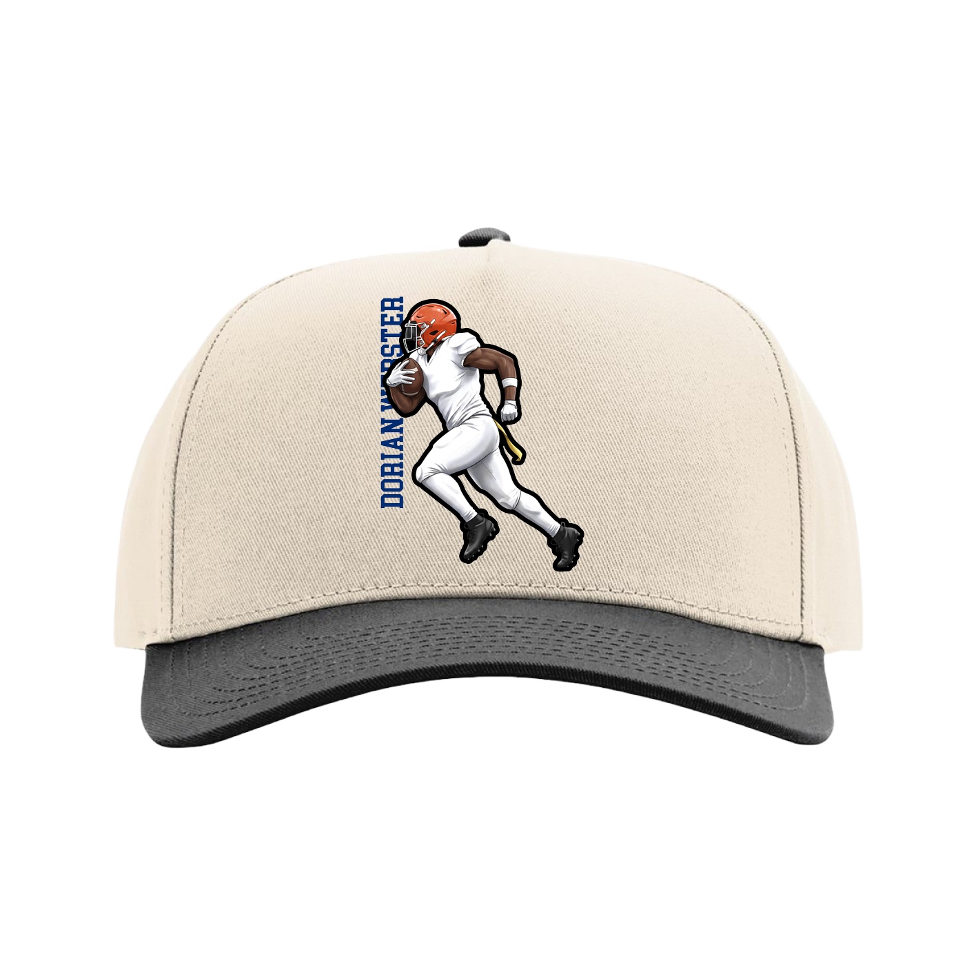 Full Fabric Five-Panel Champ Cap — Name Vertical in Cream/Black
