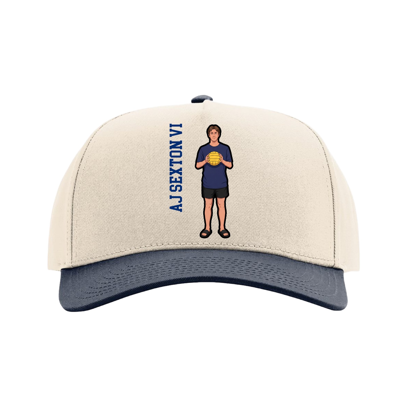 Full Fabric Five-Panel Champ Cap — Name Vertical in Cream/Navy