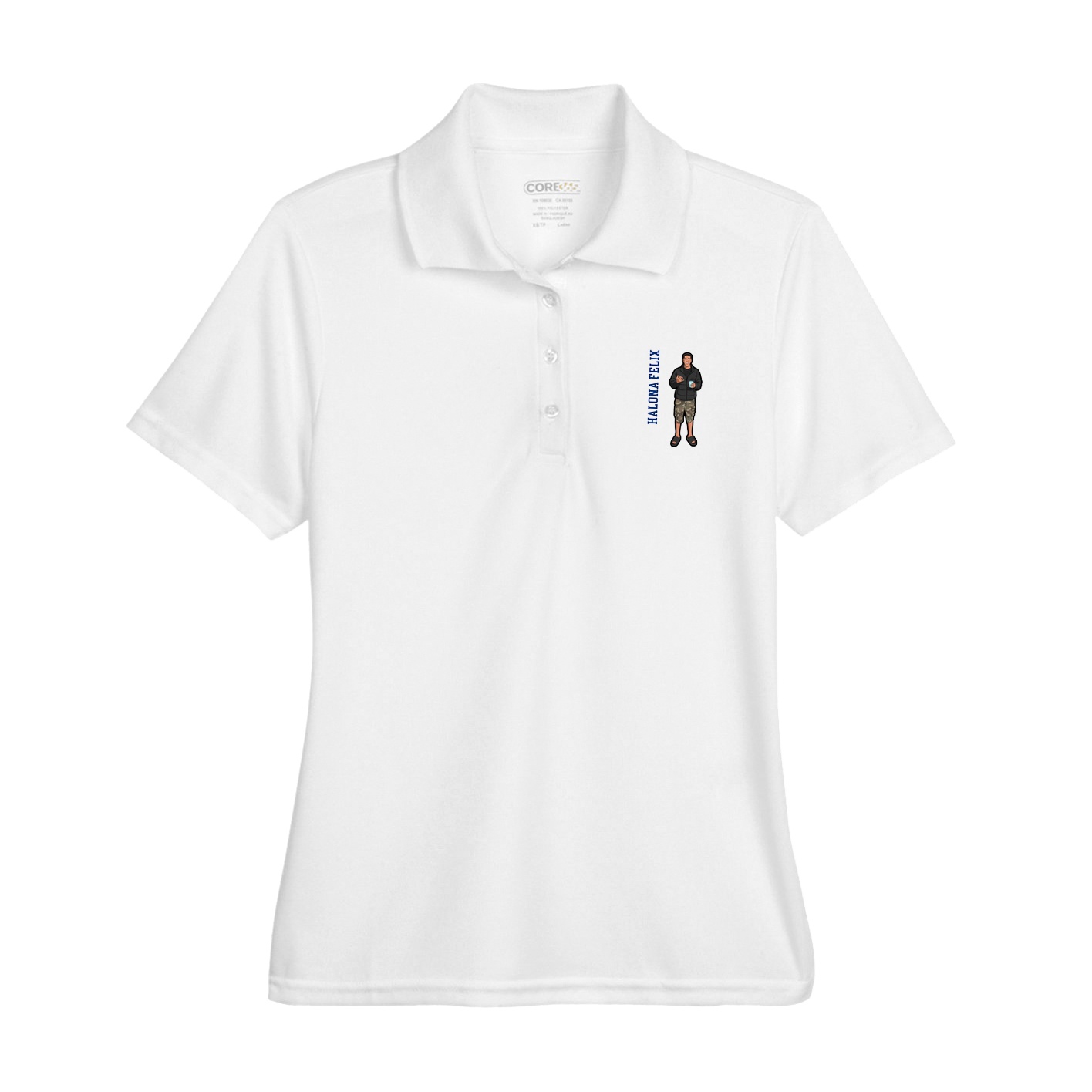 Womens Performance Polo — Name Vertical in White