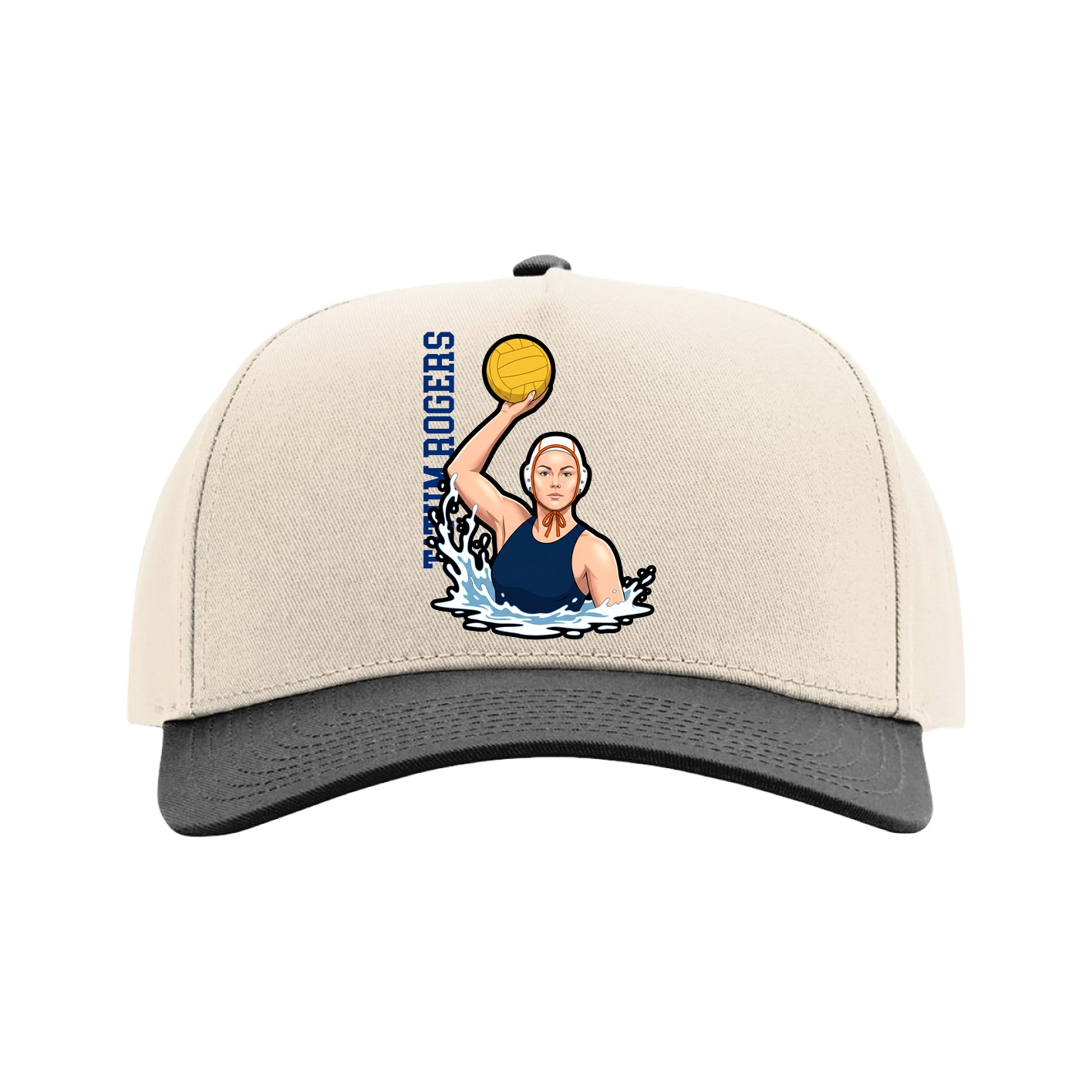 Full Fabric Five-Panel Champ Cap — Name Vertical in Cream/Black