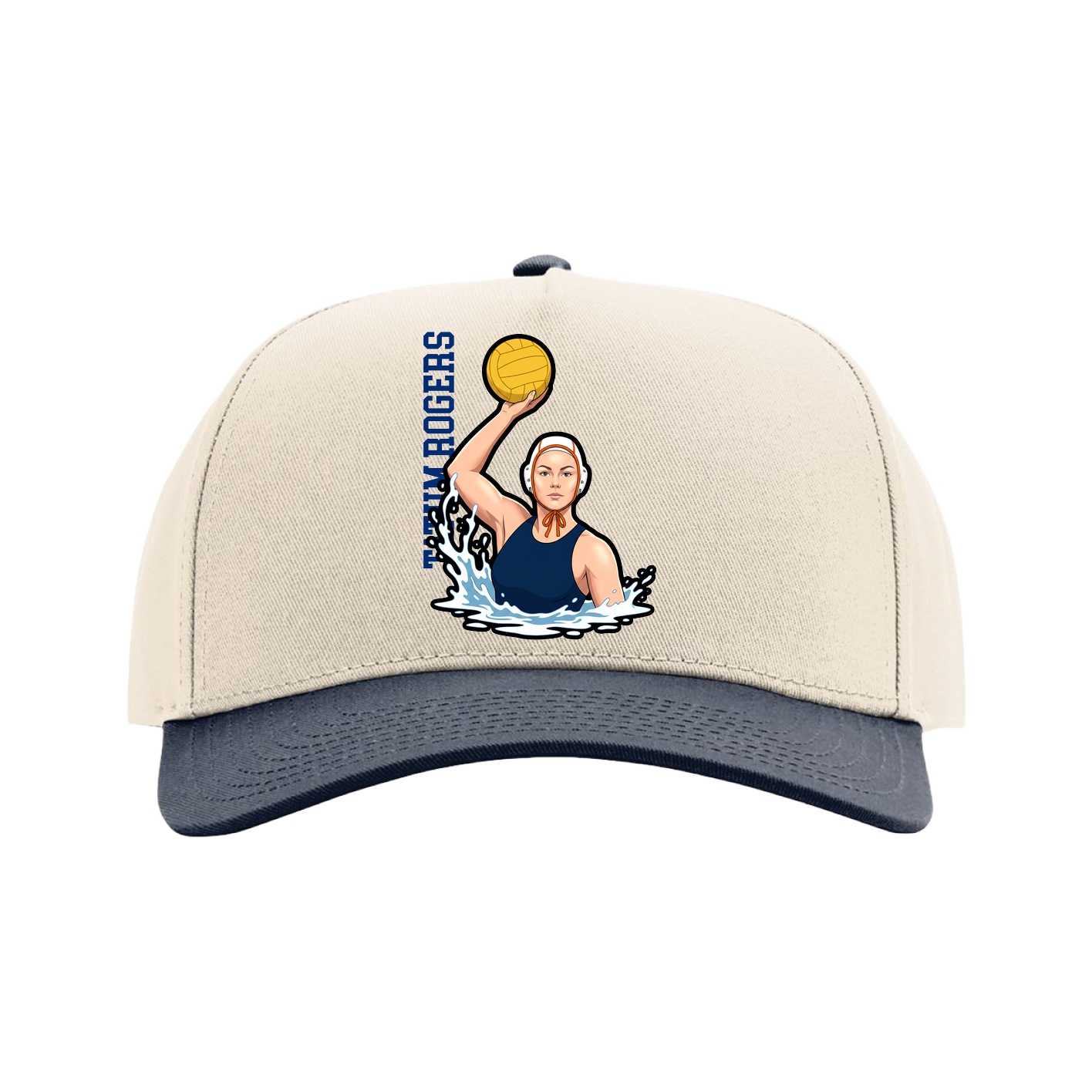 Full Fabric Five-Panel Champ Cap — Name Vertical in Cream/Navy