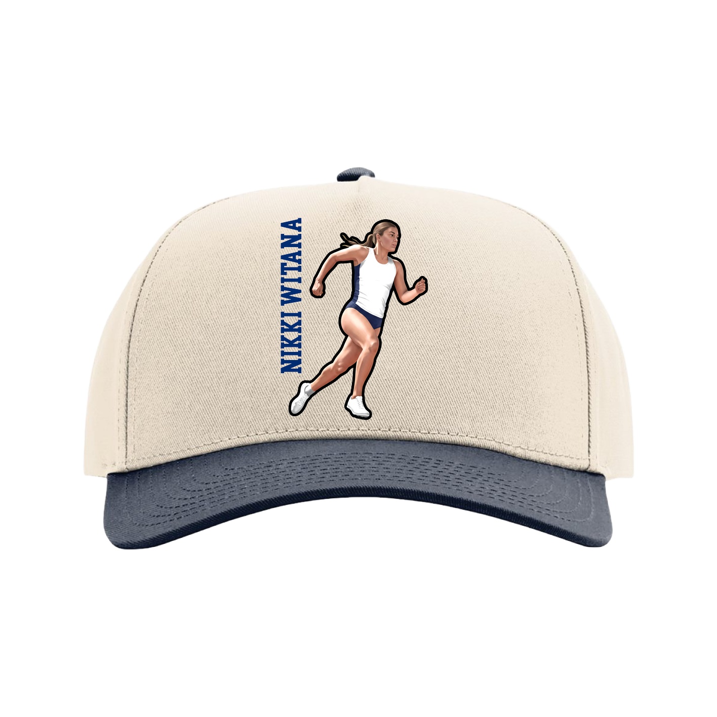 Full Fabric Five-Panel Champ Cap — Name Vertical in Cream/Navy