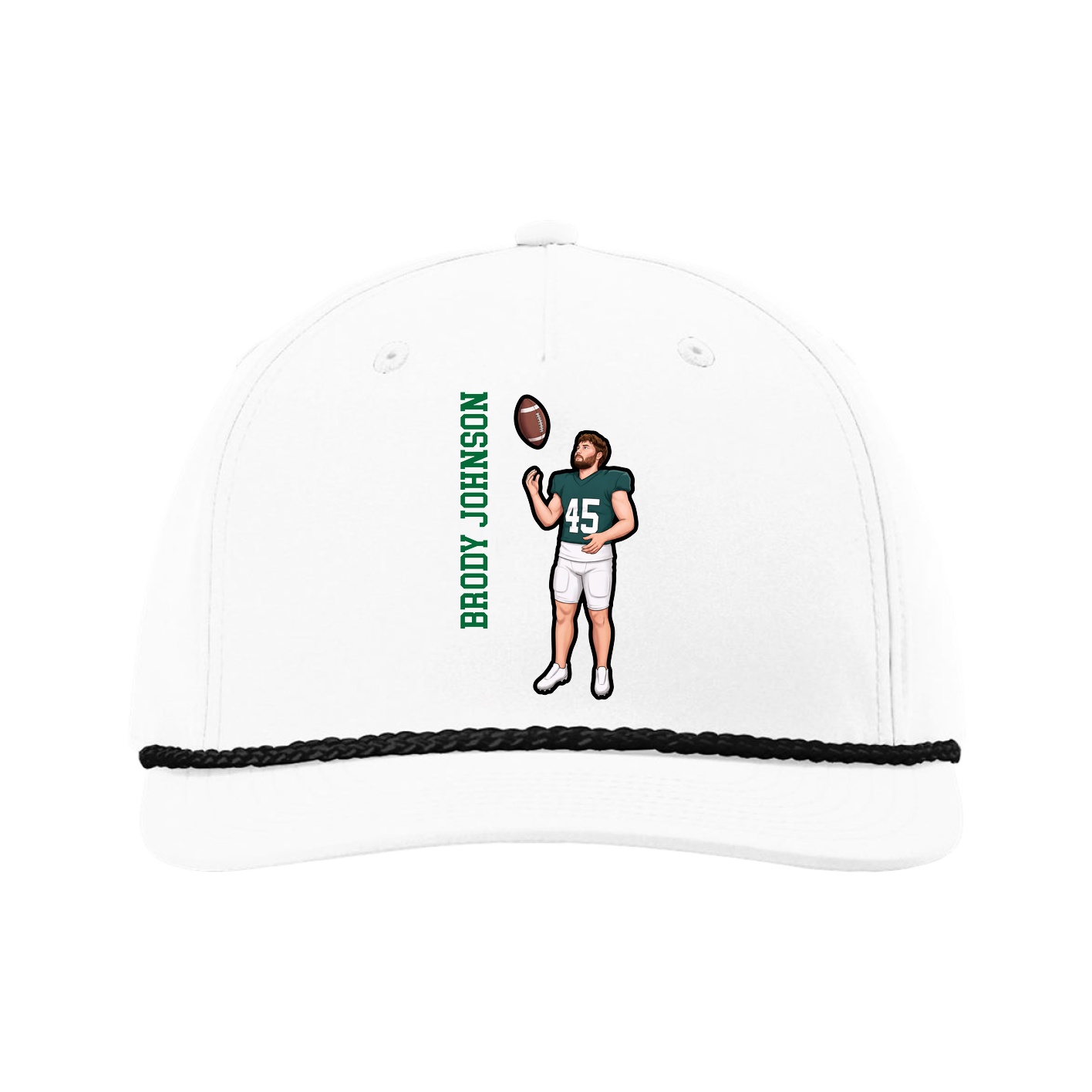 Five-Panel Classic Rope Cap — Name Vertical in White