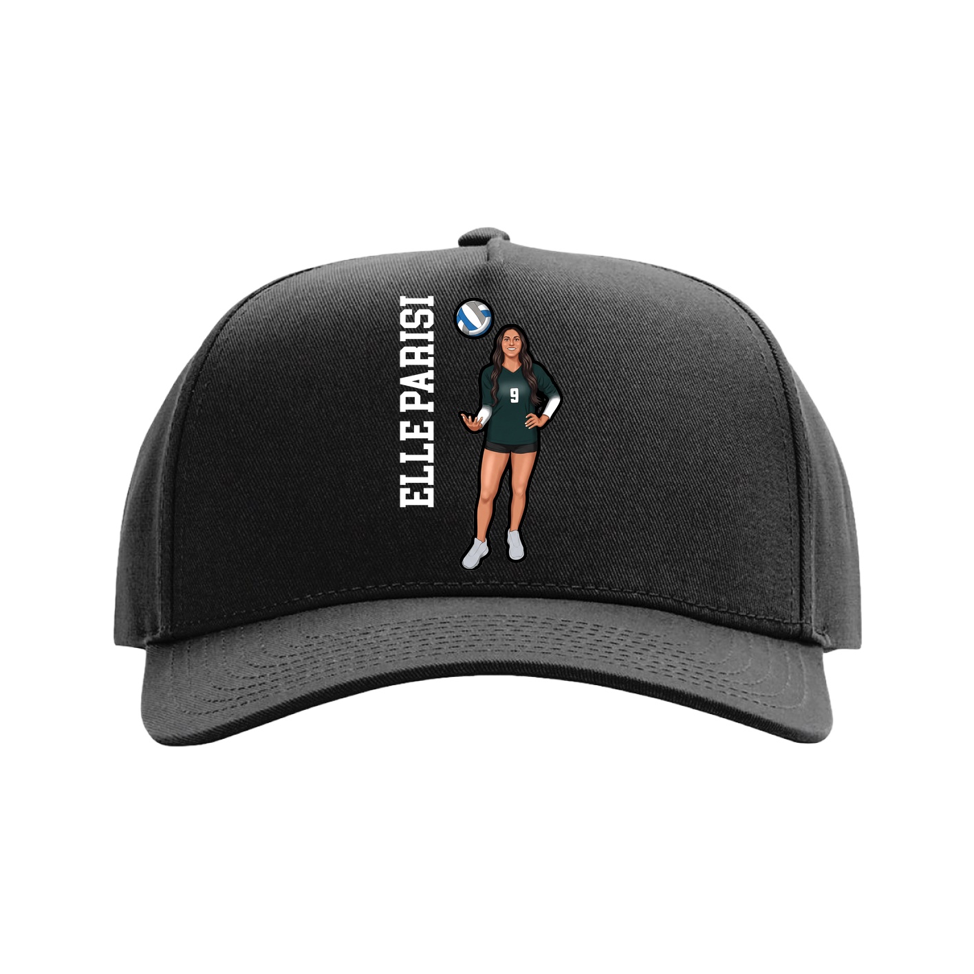 Full Fabric Five-Panel Champ Cap — Name Vertical in Black