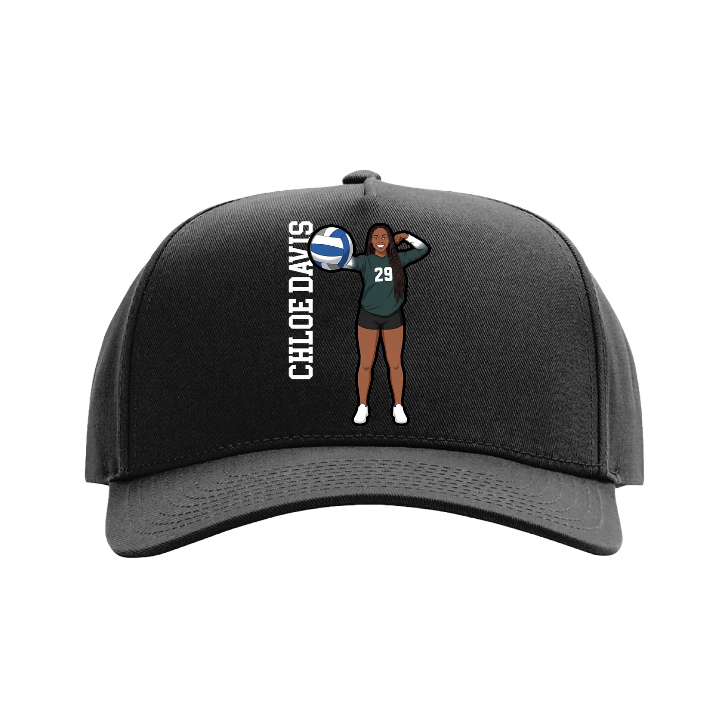 Full Fabric Five-Panel Champ Cap — Name Vertical in Black