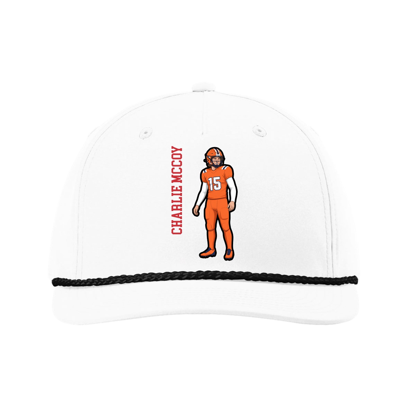 Five-Panel Classic Rope Cap — Name Vertical in White