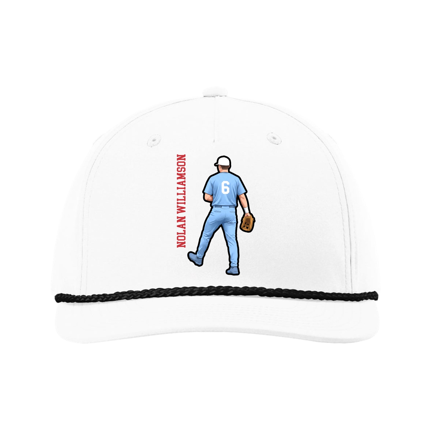 Five-Panel Classic Rope Cap — Name Vertical in White