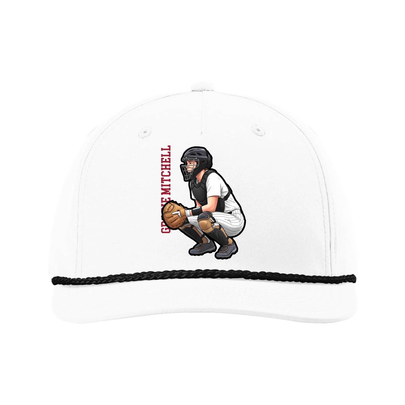 Five-Panel Classic Rope Cap — Name Vertical in White