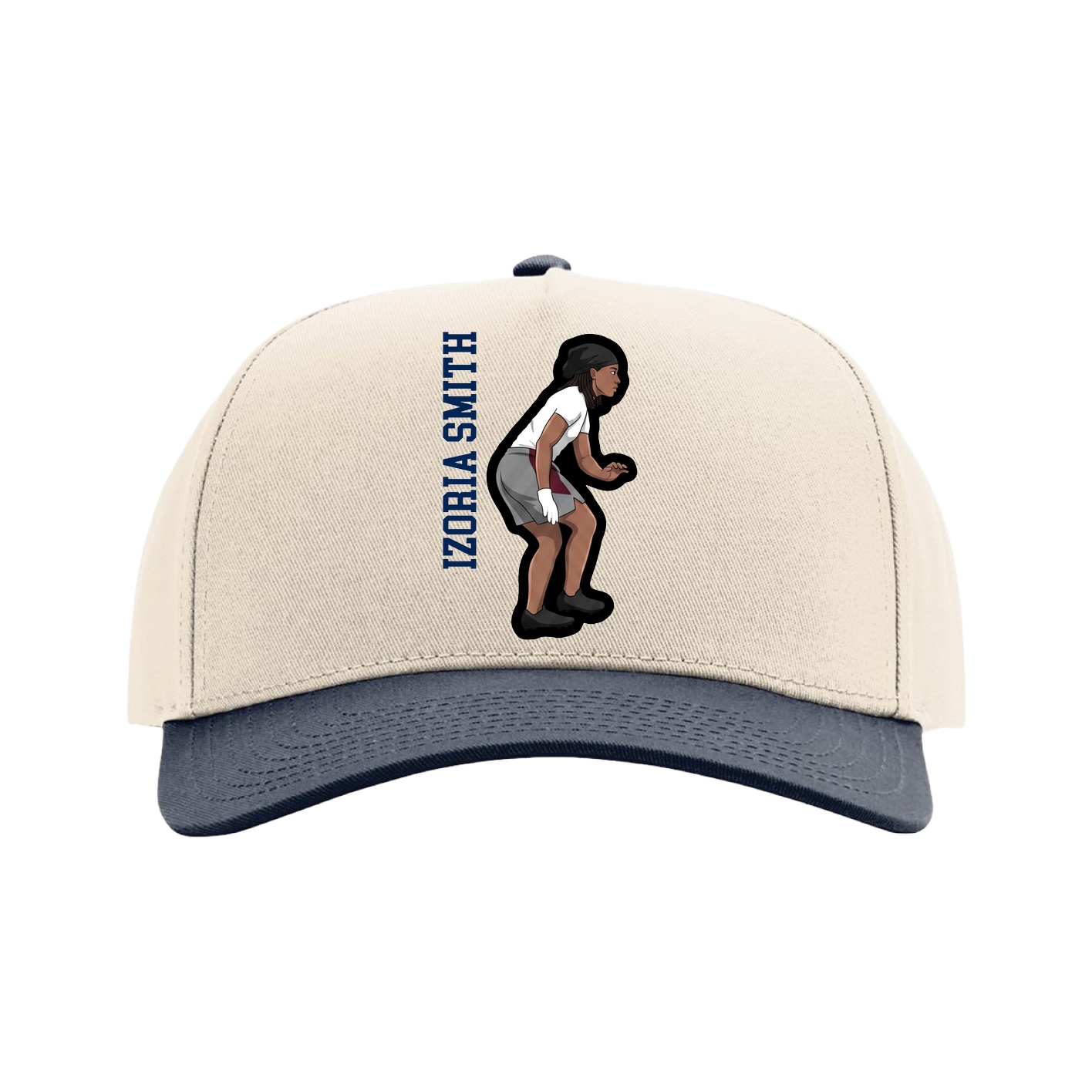 Full Fabric Five-Panel Champ Cap — Name Vertical in Cream/Navy