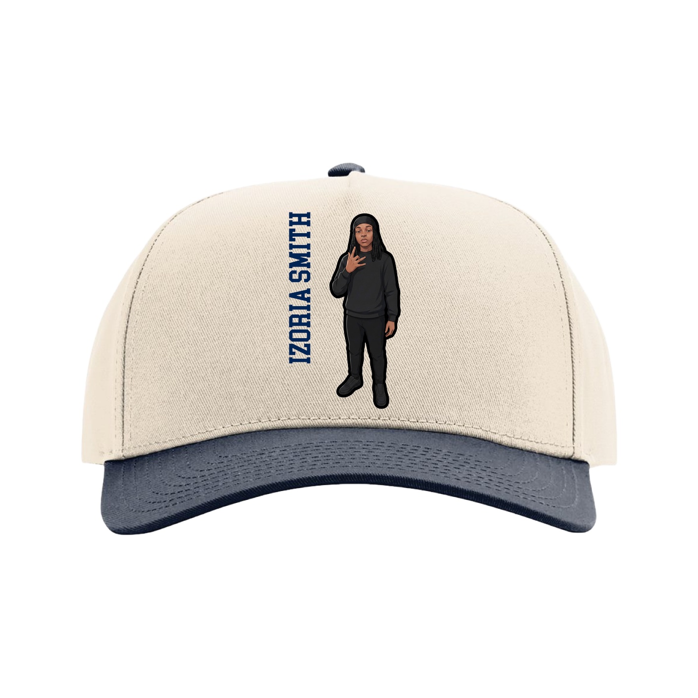Full Fabric Five-Panel Champ Cap — Name Vertical in Cream/Navy
