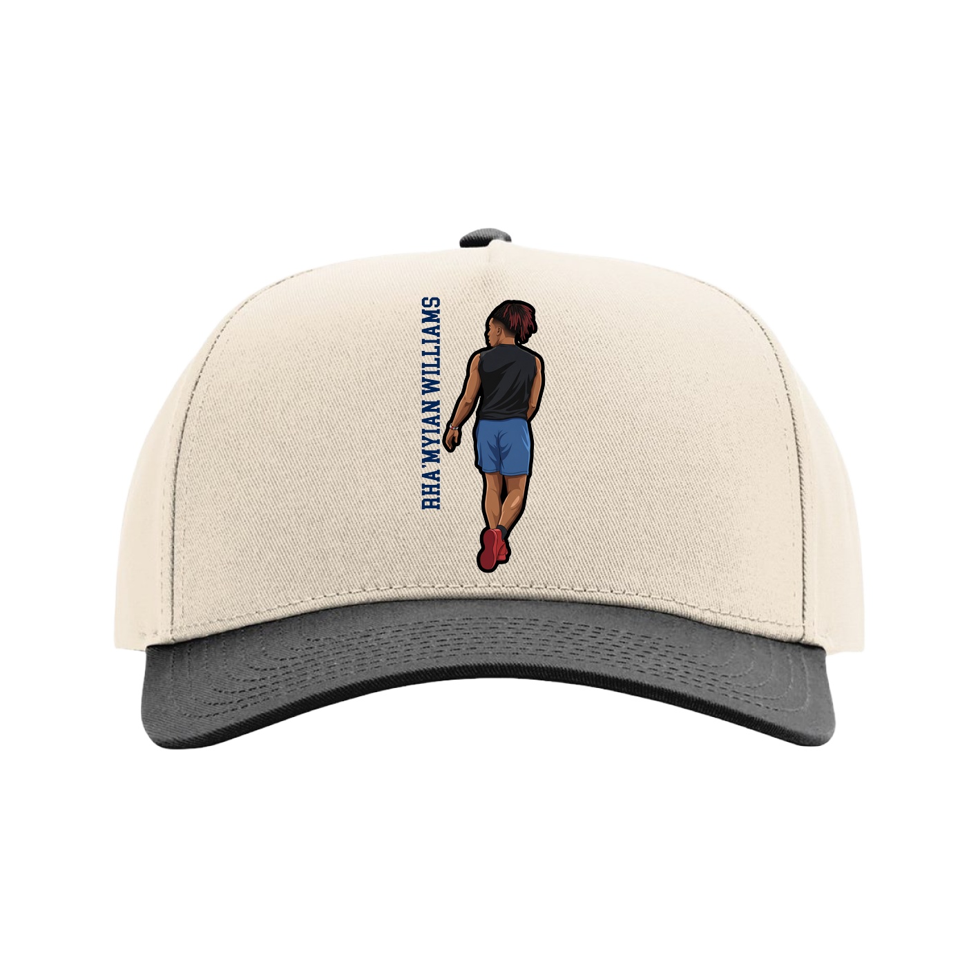 Full Fabric Five-Panel Champ Cap — Name Vertical in Cream/Black