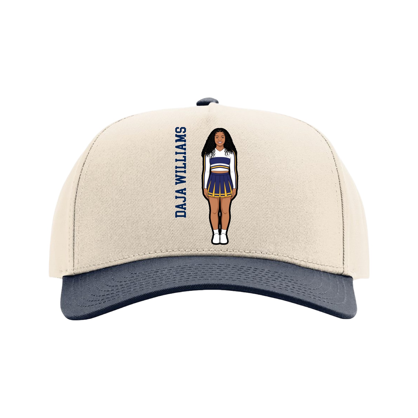 Full Fabric Five-Panel Champ Cap — Name Vertical in Cream/Navy