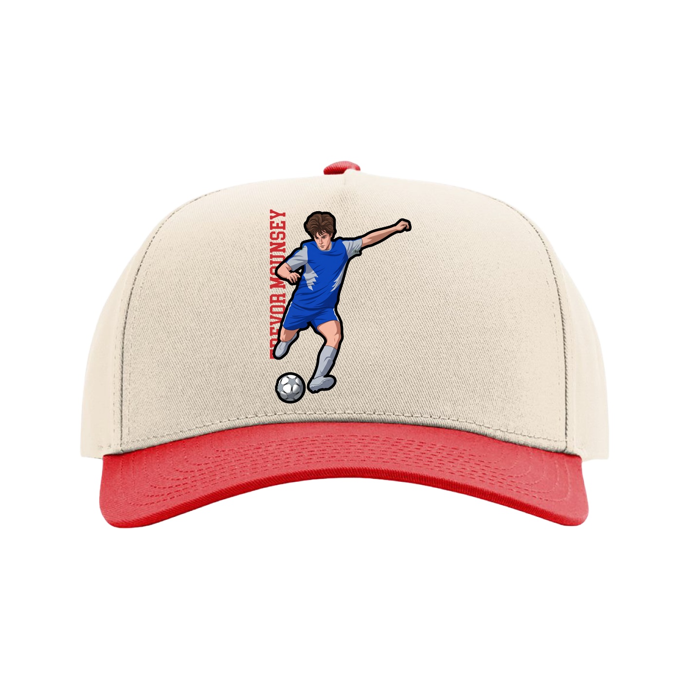 Full Fabric Five-Panel Champ Cap — Name Vertical in Cream/Red