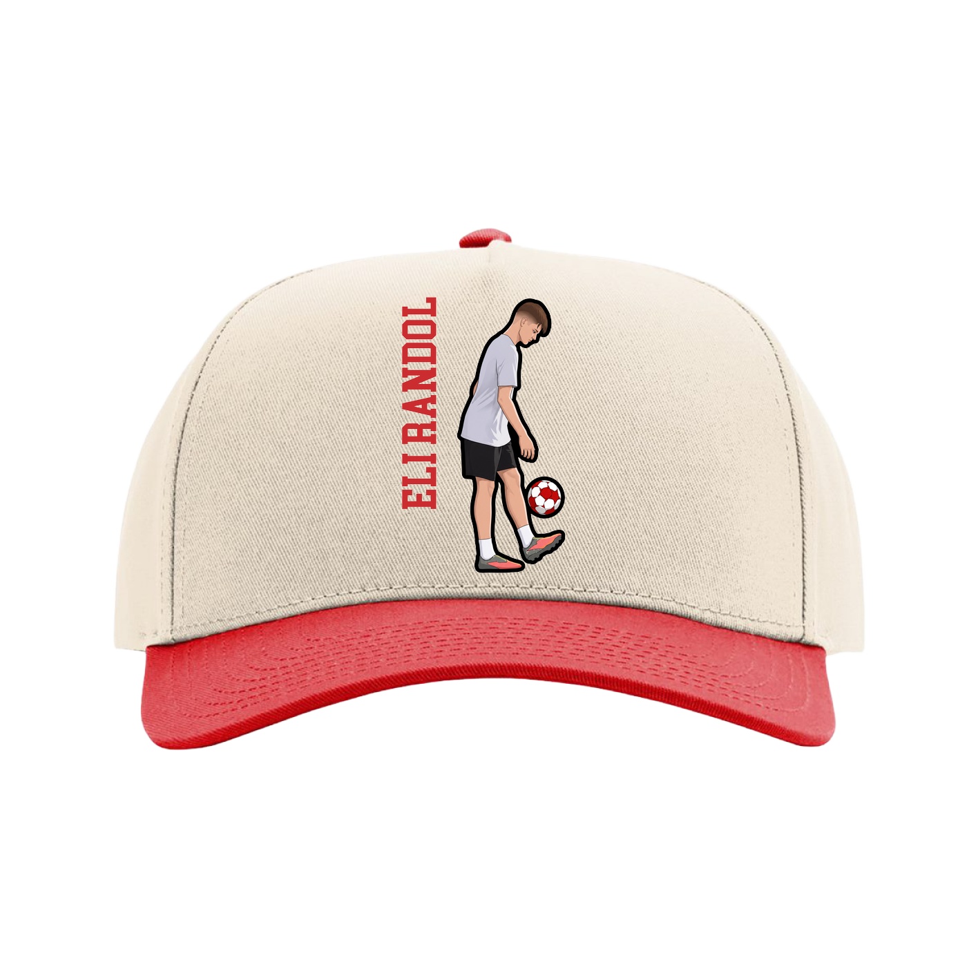Full Fabric Five-Panel Champ Cap — Name Vertical in Cream/Red