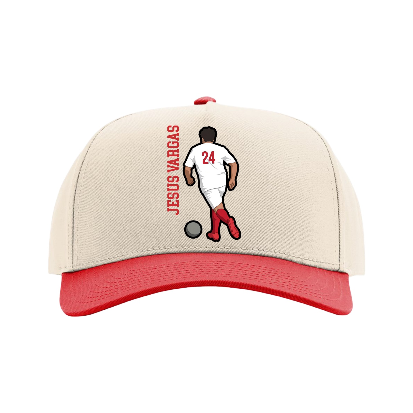 Full Fabric Five-Panel Champ Cap — Name Vertical in Cream/Red