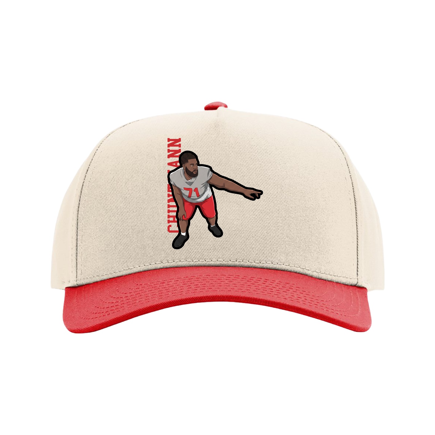 Full Fabric Five-Panel Champ Cap — Name Vertical in Cream/Red