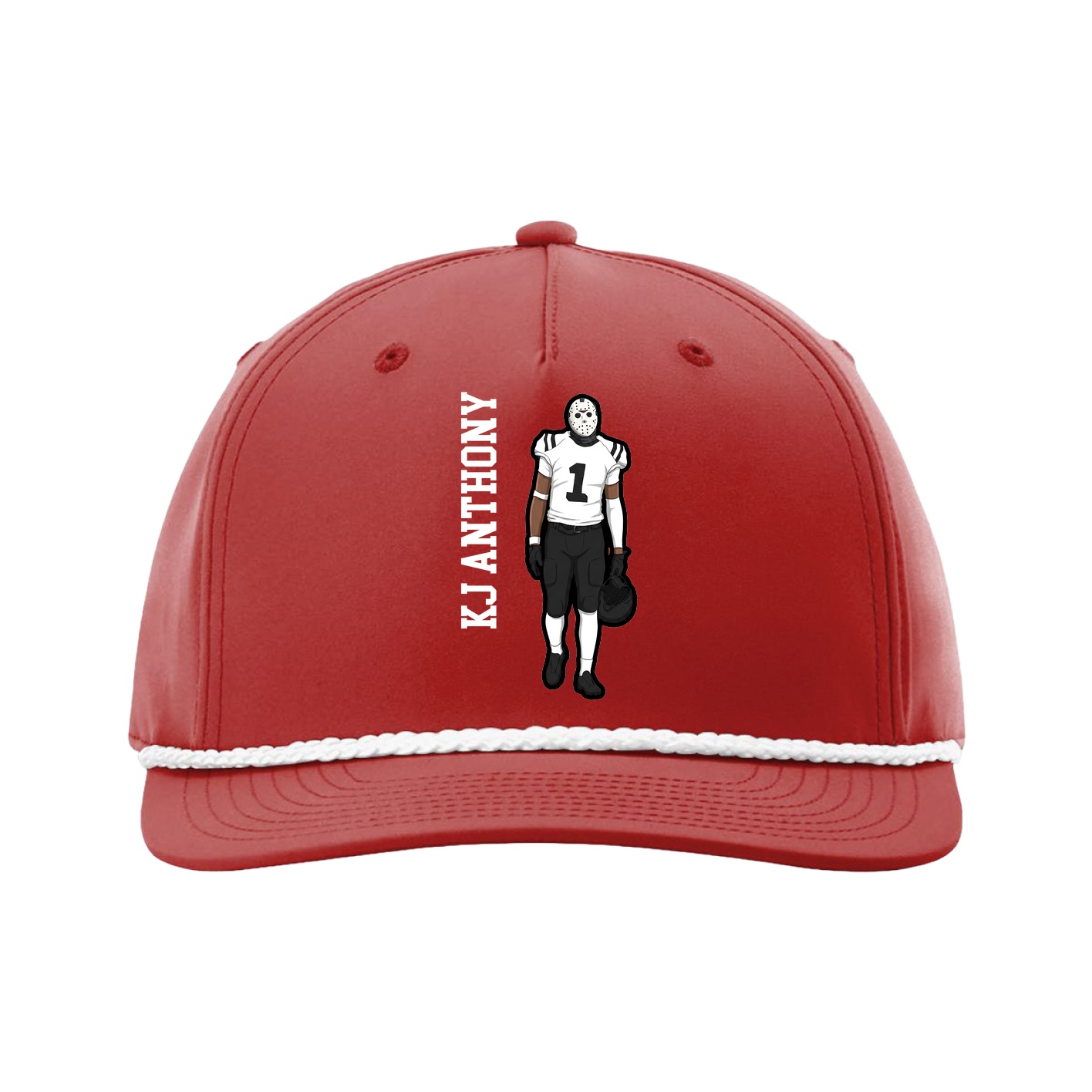 Five-Panel Classic Rope Cap — Name Vertical in Red