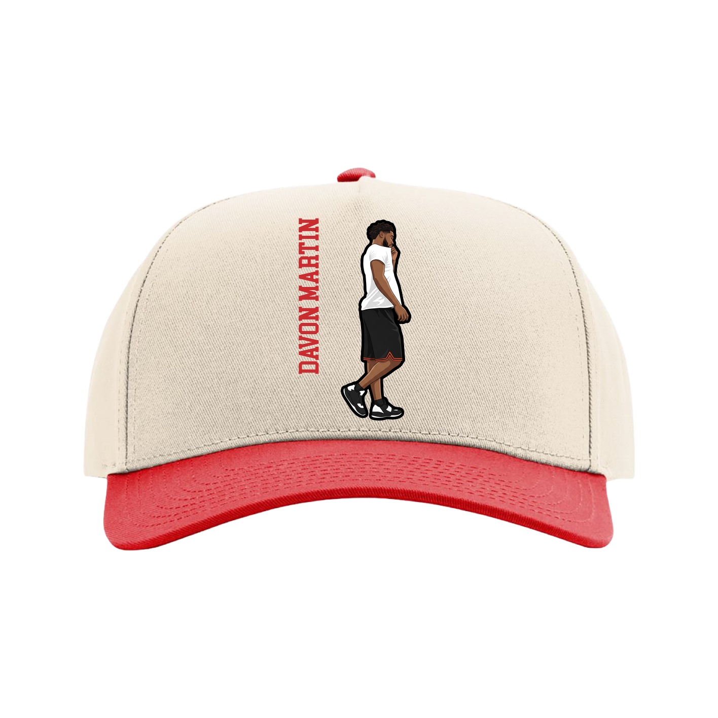 Full Fabric Five-Panel Champ Cap — Name Vertical in Cream/Red