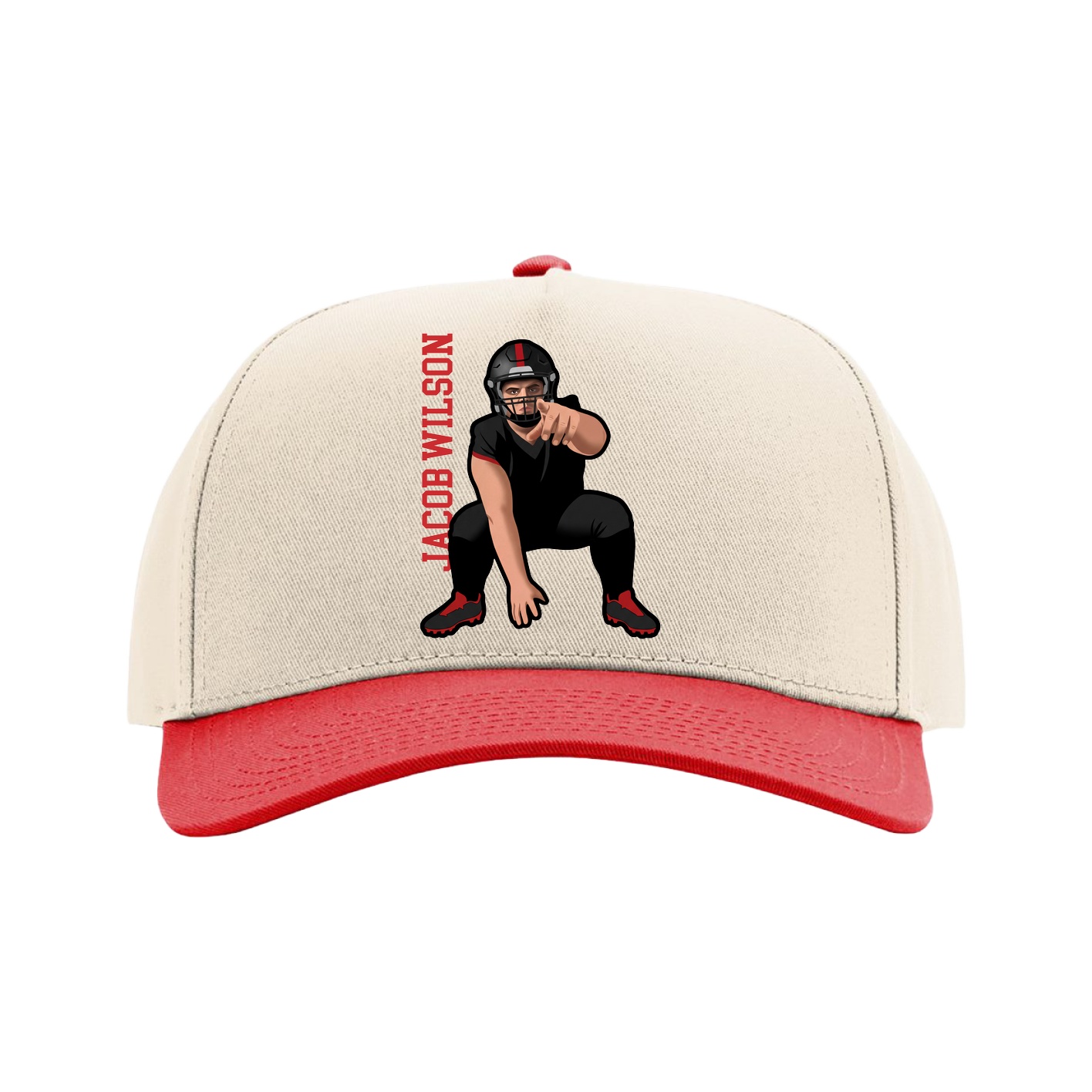 Full Fabric Five-Panel Champ Cap — Name Vertical in Cream/Red