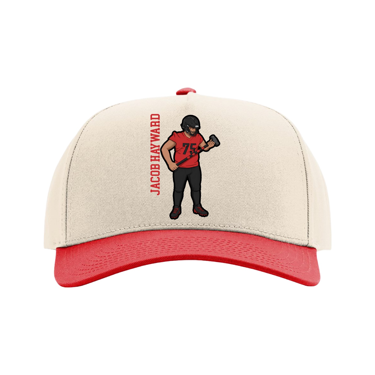 Full Fabric Five-Panel Champ Cap — Name Vertical in Cream/Red