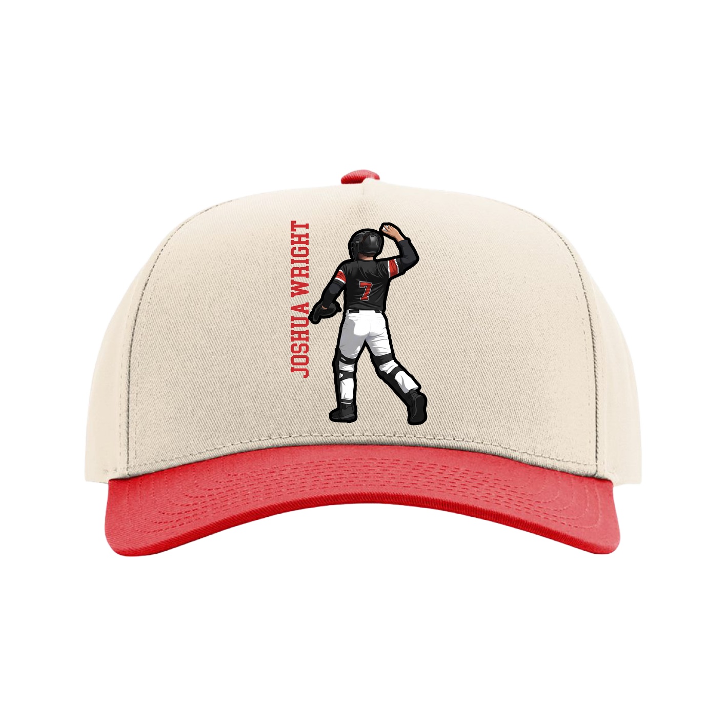 Full Fabric Five-Panel Champ Cap — Name Vertical in Cream/Red