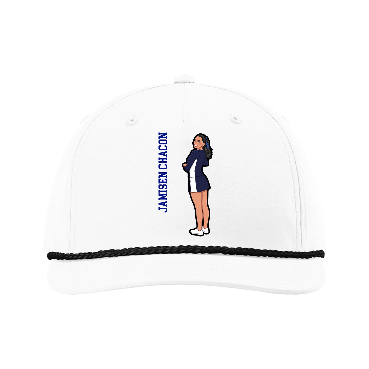 Five-Panel Classic Rope Cap — Name Vertical in White