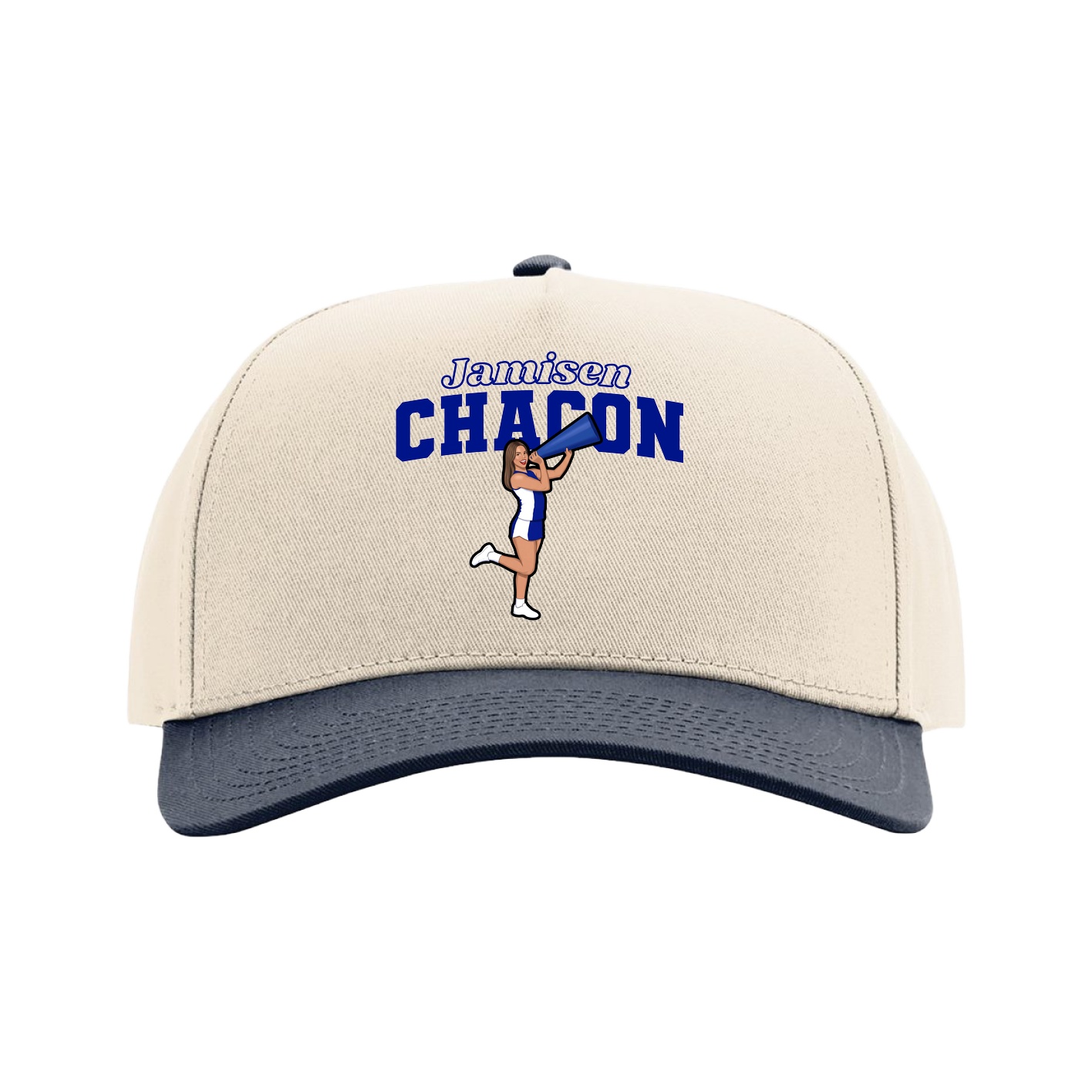 Full Fabric Five-Panel Champ Cap — Name Arch in Cream/Navy