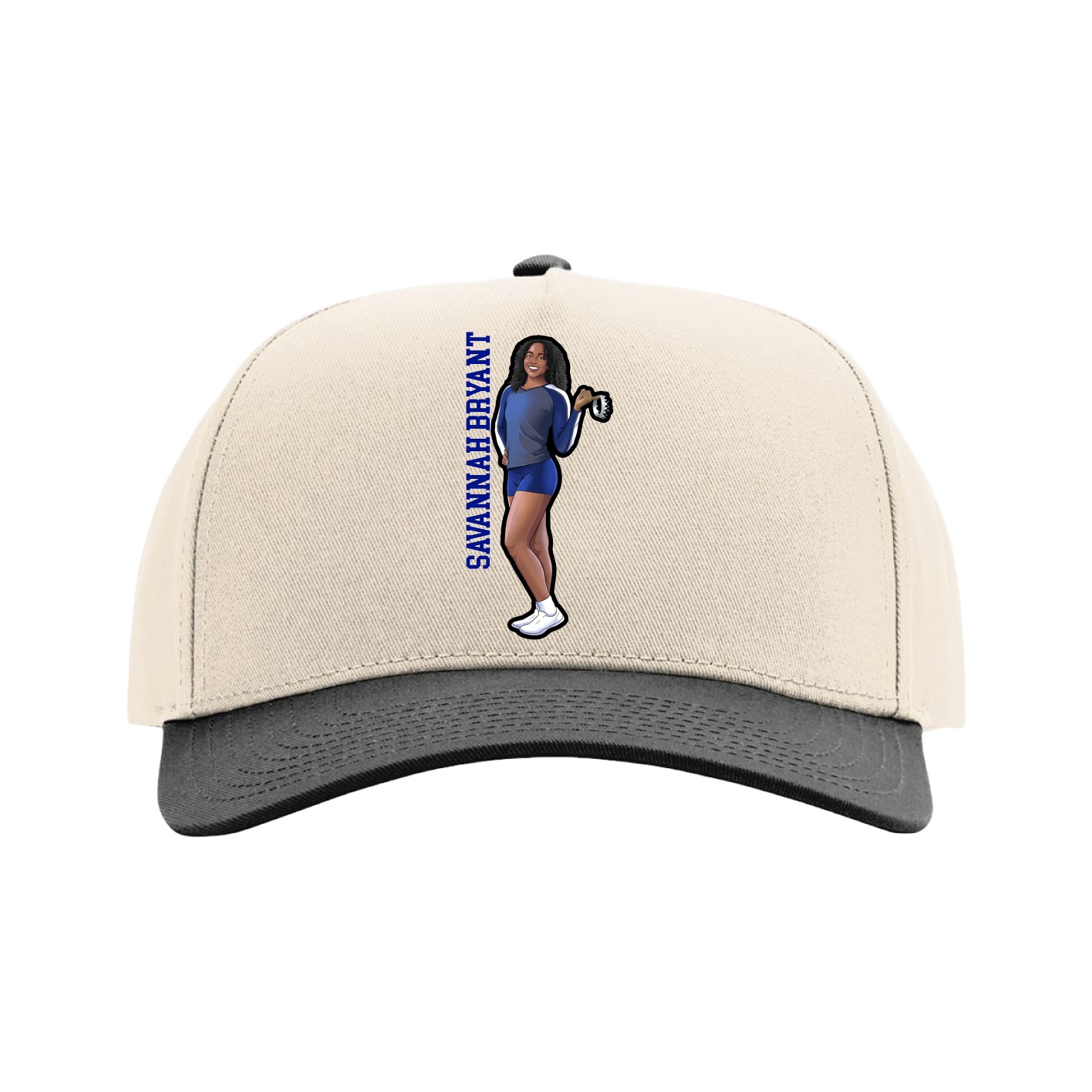 Full Fabric Five-Panel Champ Cap — Name Vertical in Cream/Black