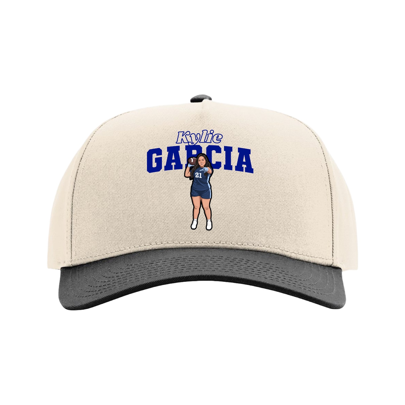 Full Fabric Five-Panel Champ Cap — Name Arch in Cream/Black