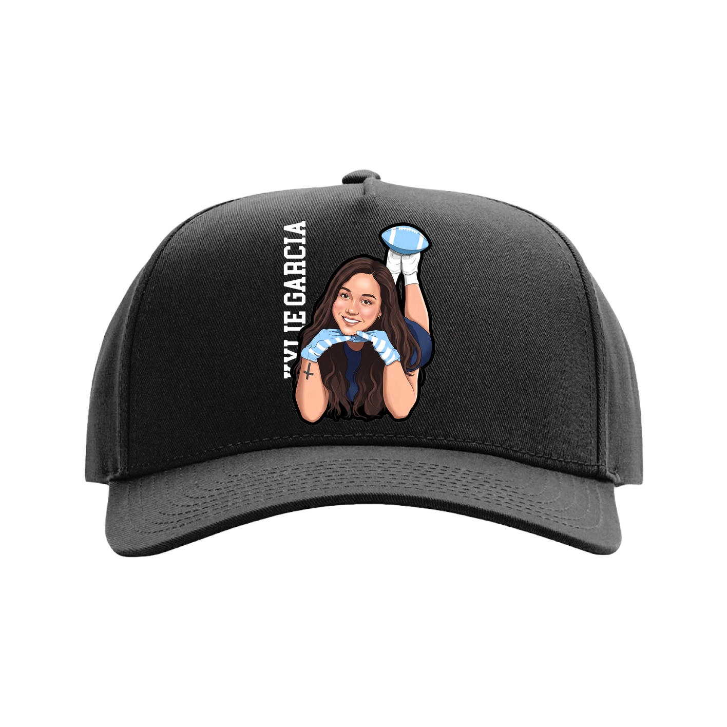 Full Fabric Five-Panel Champ Cap — Name Vertical in Black