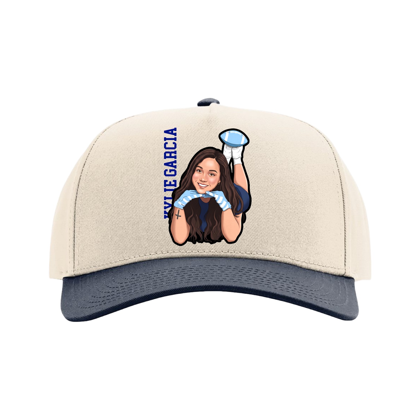 Full Fabric Five-Panel Champ Cap — Name Vertical in Cream/Navy