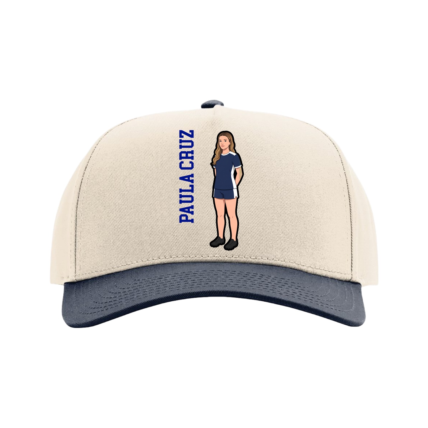 Full Fabric Five-Panel Champ Cap — Name Vertical in Cream/Navy