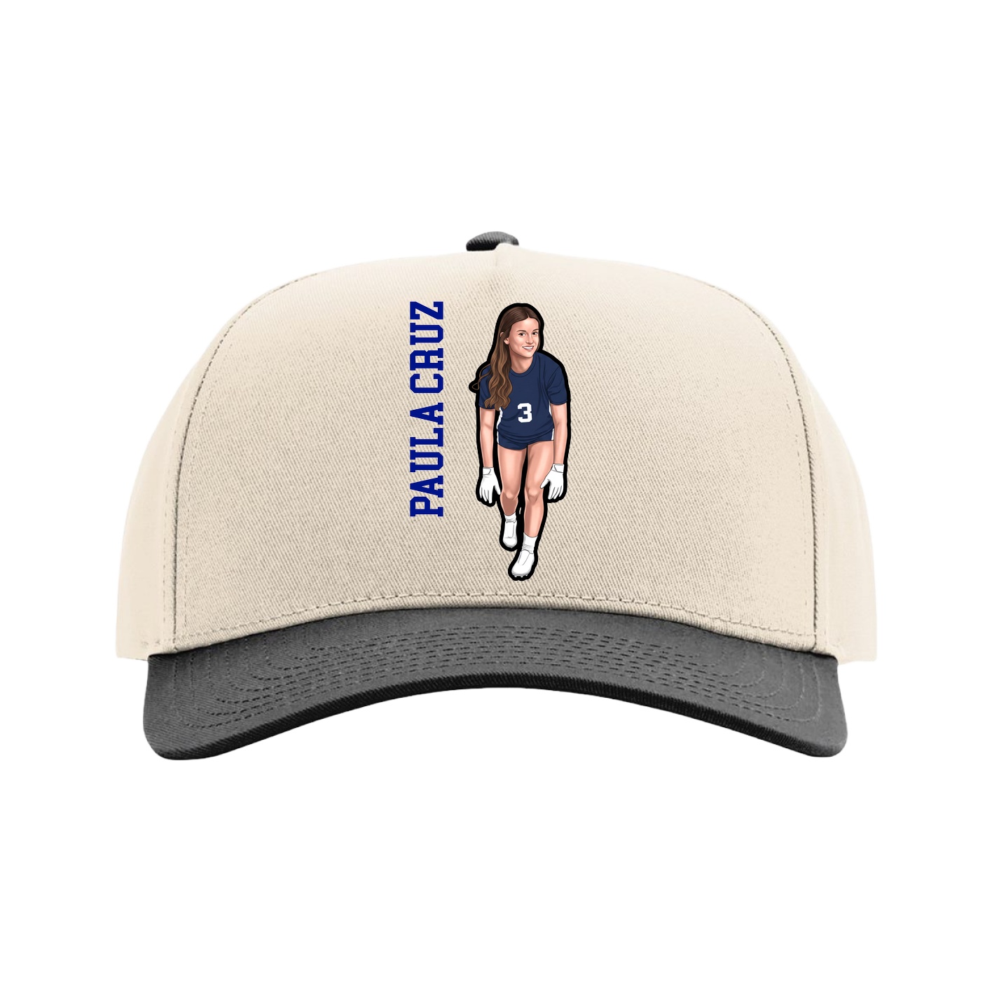 Full Fabric Five-Panel Champ Cap — Name Vertical in Cream/Black