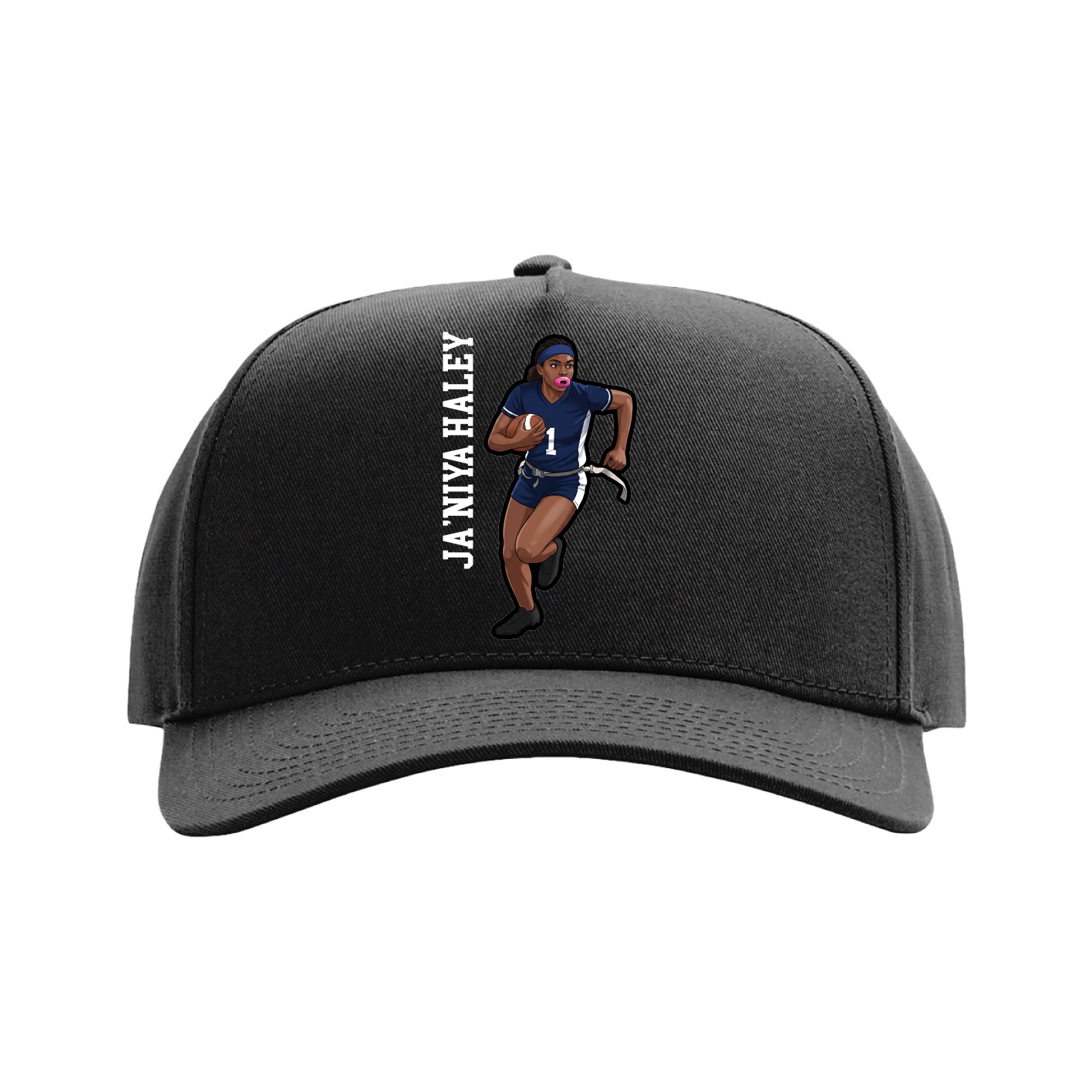 Full Fabric Five-Panel Champ Cap — Name Vertical in Black