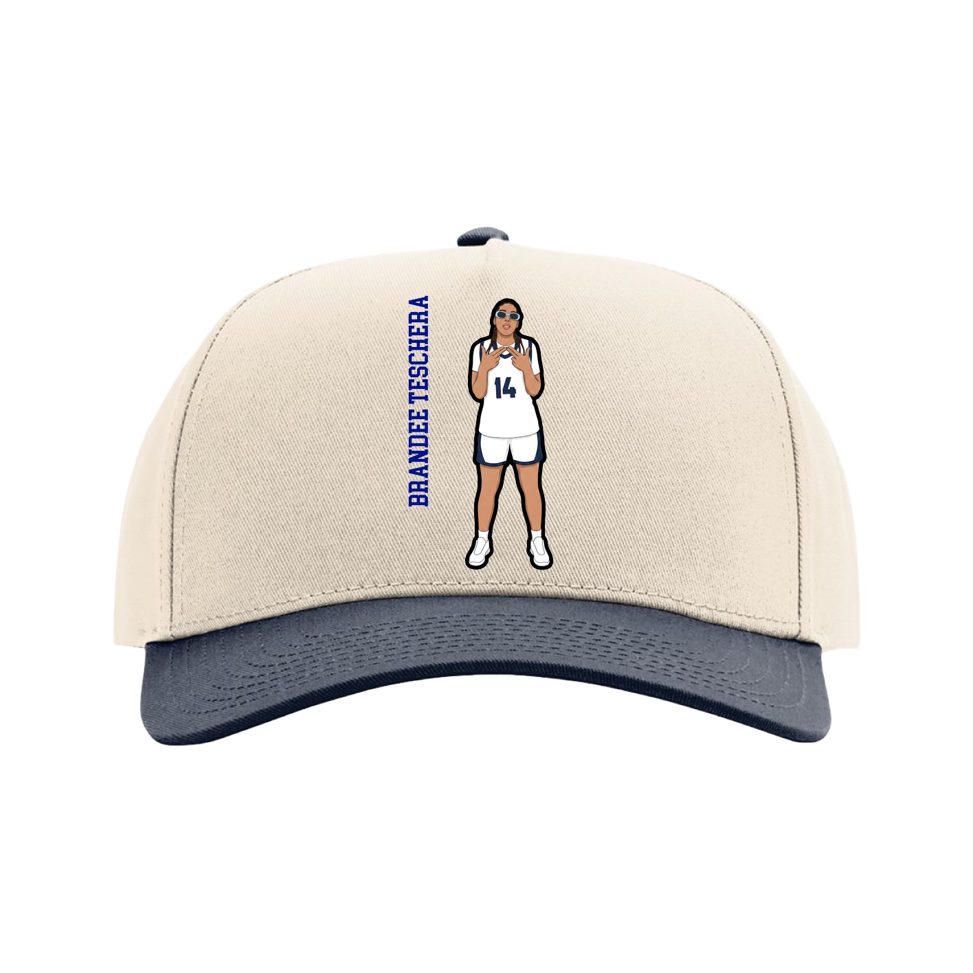 Full Fabric Five-Panel Champ Cap — Name Vertical in Cream/Navy