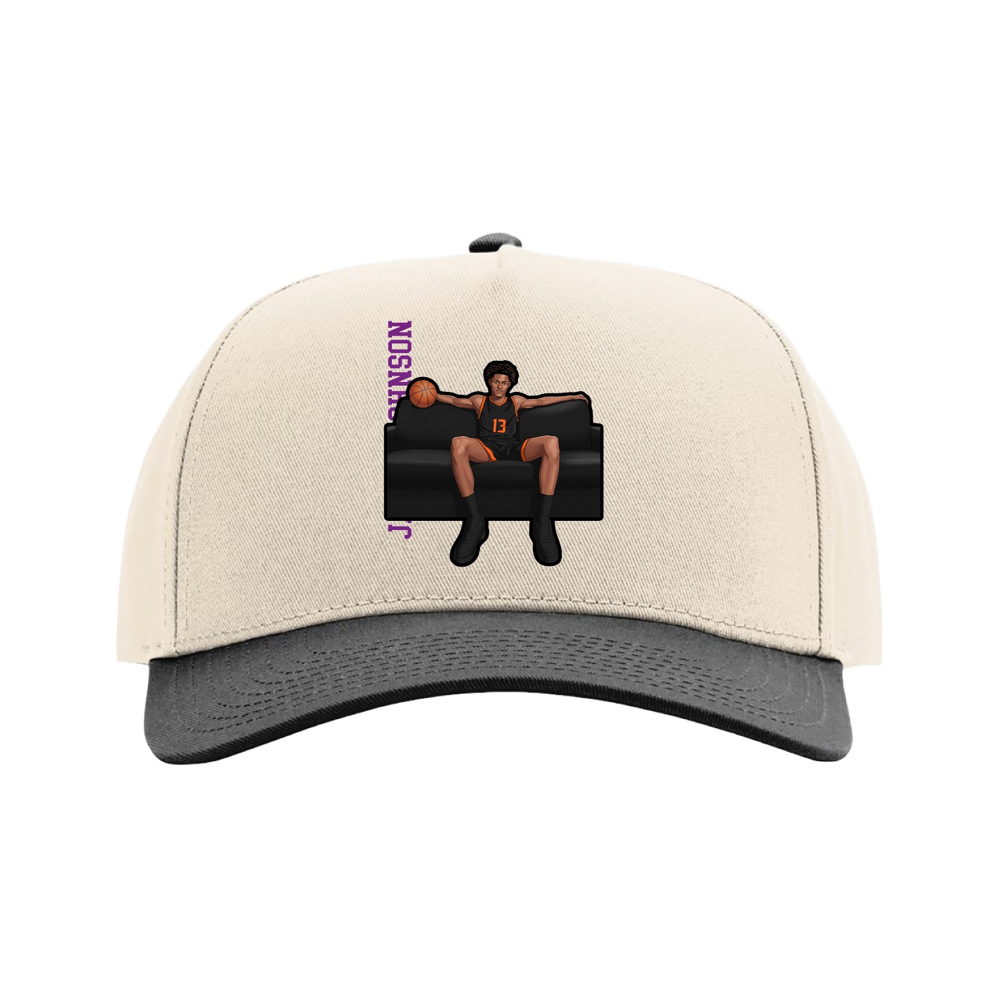 Full Fabric Five-Panel Champ Cap — Name Vertical in Cream/Black