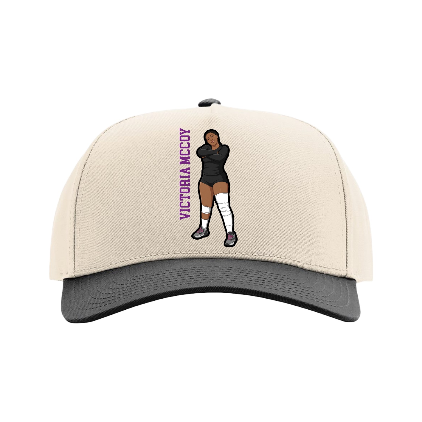 Full Fabric Five-Panel Champ Cap — Name Vertical in Cream/Black