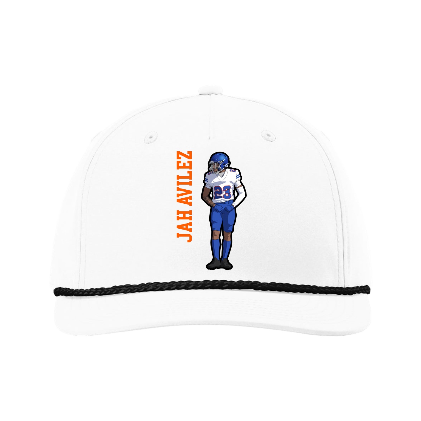 Five-Panel Classic Rope Cap — Name Vertical in White